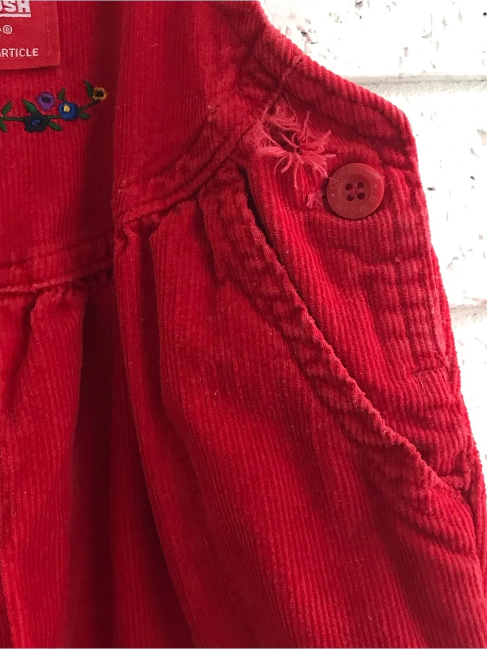 OshKosh B'gosh Red Corduroy Overalls Vestbak Floral Embroidered Vintage
